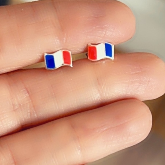 Sterling Silver and Enamel French Flag Tiny Stud Earrings - Picture 4 of 9